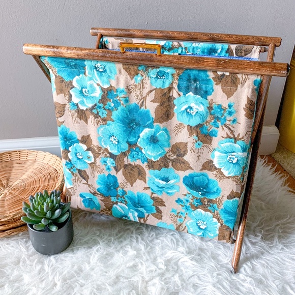 Vintage Folding Blue Floral Knitting Sewing Basket